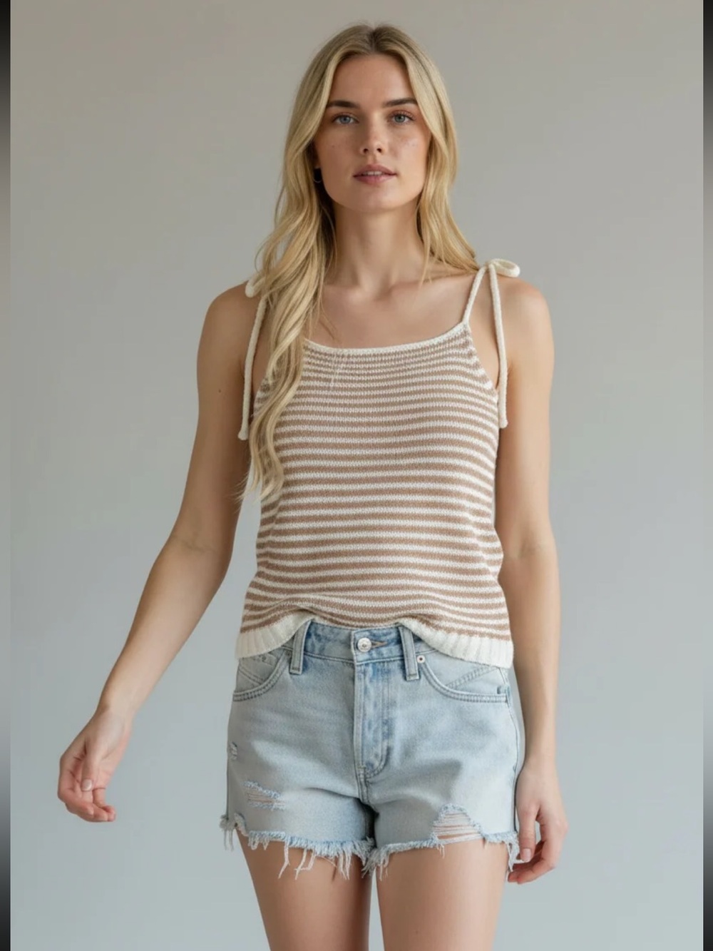 J.O.A Tie Strap Tank. Striped with creamy white and brown stripes. Very soft.